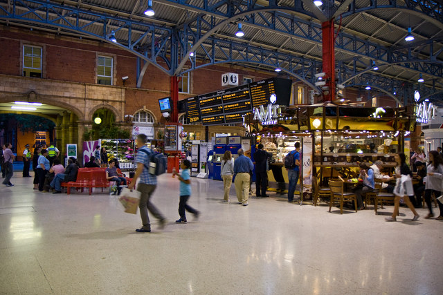 Marylebone Station concourse at night.