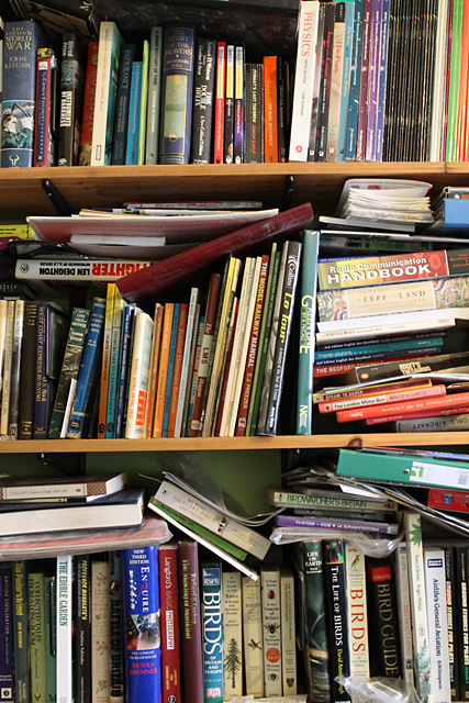 Behind me when I work, the Home Library (or at least a part of it).