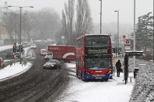 Snow on the High Road, just down the hill from Wingate & Finchley's Summers Lane ground.