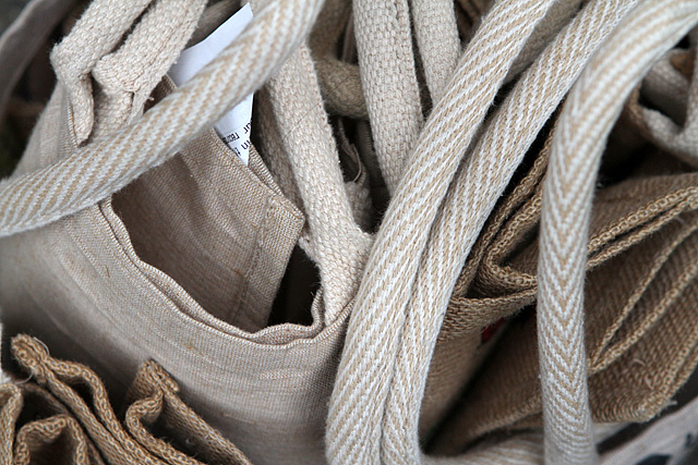 Jute shopping bags from Waitrose and Tesco - used every week in preference to plastic bags.   There's even an old receipt loitering in there!
