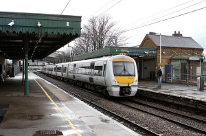 c2c 357216 arrives at Dagenham Dock station with a service to Grays