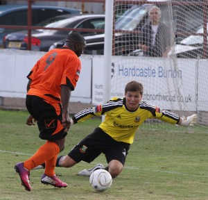 Leon's Nemesis - The young Hendon Keeper comes out to block yet another one-on-one!