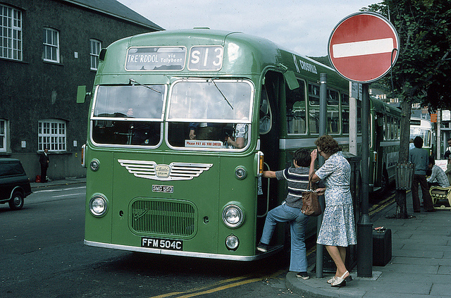 Passengers boarding a Bristol MW6G in Aberystwyth in 1976.
