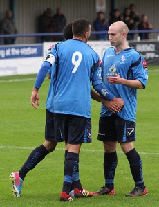 Ahmet, Mark and the Ghostly Dean Mason celebrate an excellent sequence of play that resulted in the opening goal for Wingate & Finchley