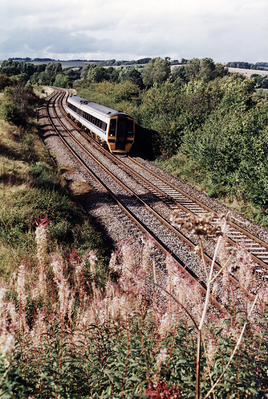 Standing on a bridge in the countryside - A Class 158 heading for Salisbury disturbs the peace at Sherrington.