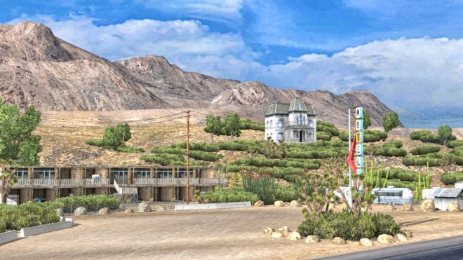 In a previous post I christenbed this buiding 'The Adams Family Motel' and hoped that it would survive the rescale - it has but you can only access when travelling westbound.